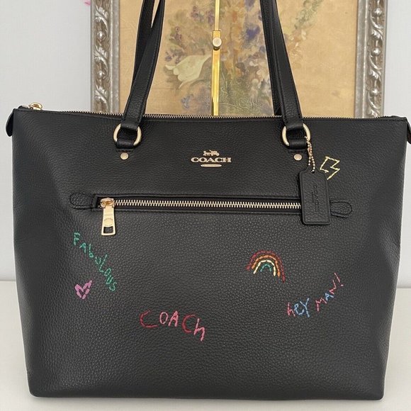 Coach Handbags - NWT COACH GALLERY TOTE WITH DIARY EMBROIDERY BLACK PEBBLE LEATHER BAG C8365
